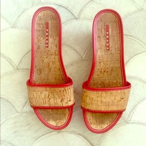 Red Leather and Cork Prada "Flatform" Mule Sandals